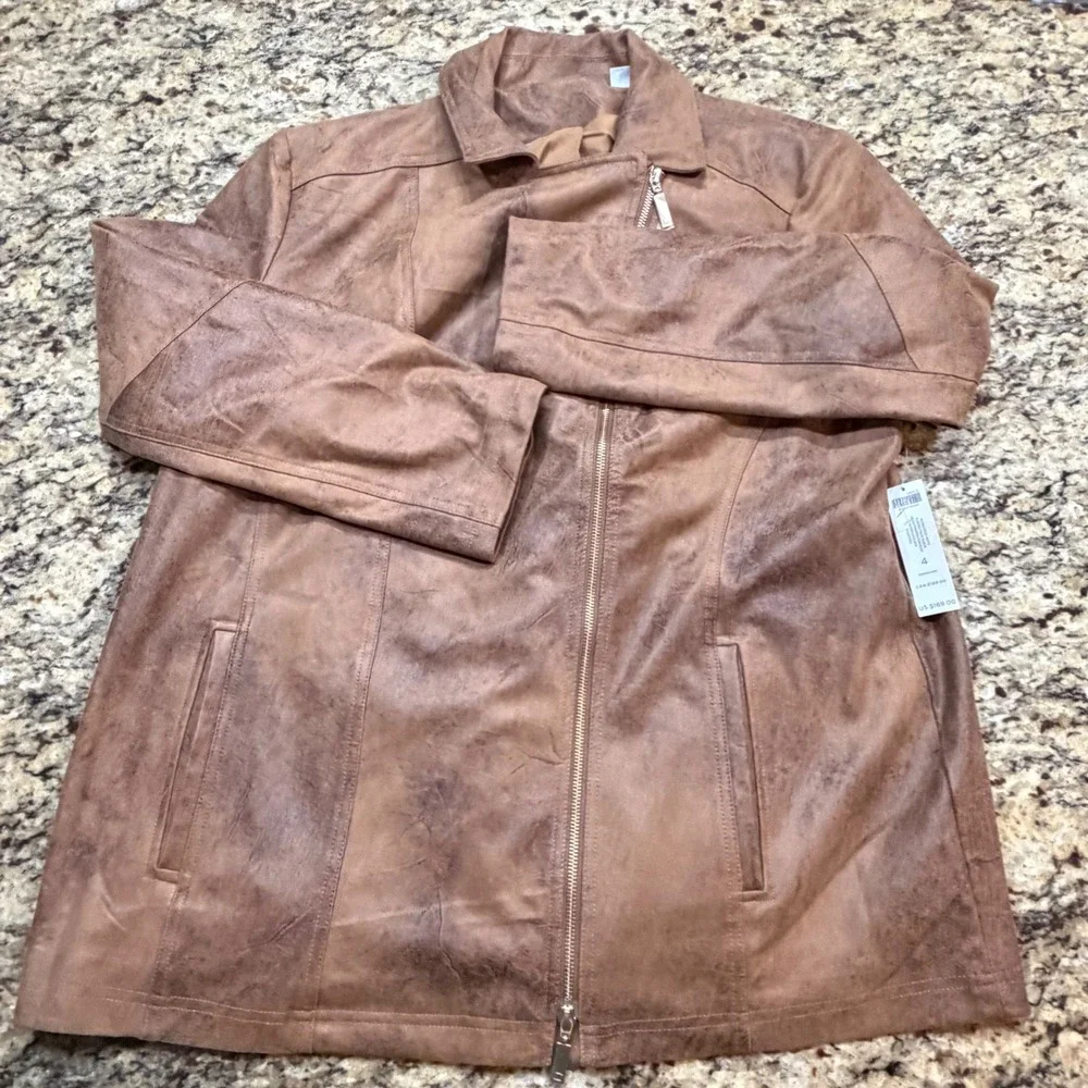 Chico's Elongated Moto Coated Faux Suede Jacket Worn Luggage Brown 4 20/22 ws